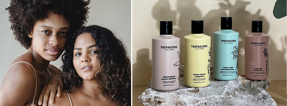 Fire forskellige shampoo og to kvinder med krøllet hår