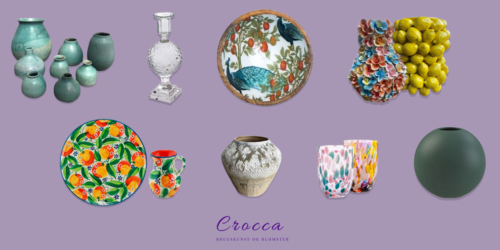 Forskellige produkter; vaser, fade, krukker og glas.