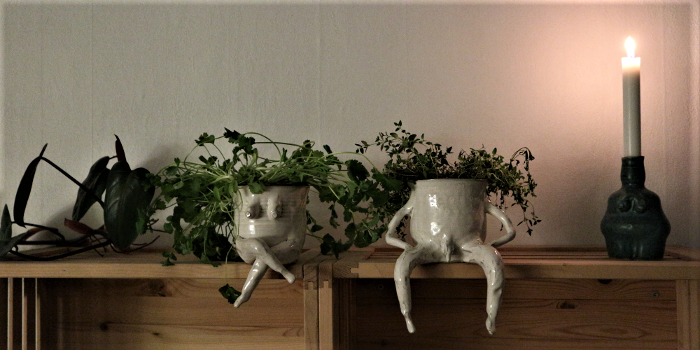 To keramikpotteplanter på en træhylde. De to krukker indeholder grønne planter og har ben i keramik hængende ud over kanten af hylden.