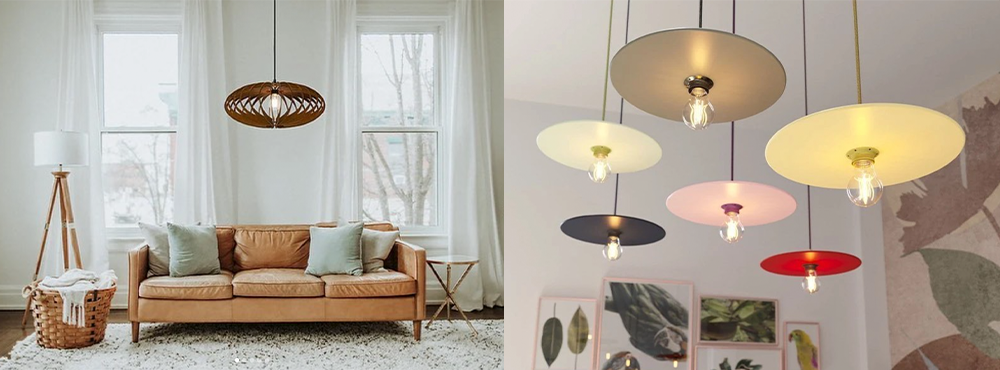 Til venstre står en sofa, og en lampe hænger over. Til højre hænger seks pendellamper i forskellige farver. De er fra Otletlamper.