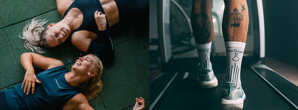 To kvinder i sportstøj fra LiiteGuard ligge rpå gulvet. En mands lægge, han går på et løbebånd, og han har sokker på fra liiteGuard.
