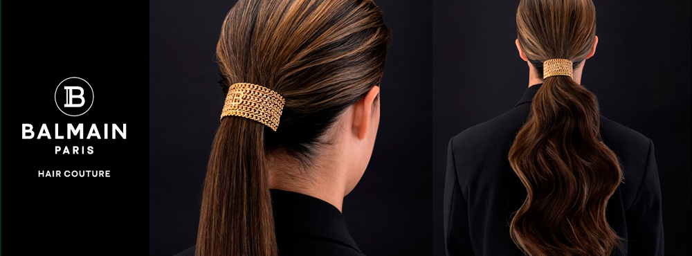 En kvinde med et hårsmykke og en tekst, hvor der står "Balmain Paris Hair Couture", produkter købt hos Ao Shop Studio.